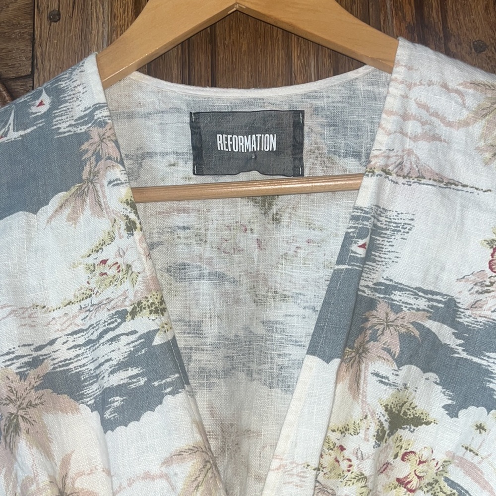 Reformation Pastel Floral Wrap Mini Dress in Cream, Light Blue and Pale Yellow - Picture 9 of 16